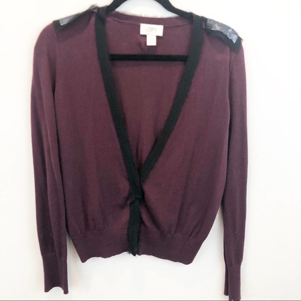 Loft Maroon Black Sequin Detail Cardigan NWOT